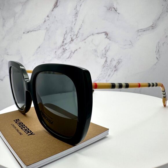 Burberry Sunglasses Black Square Cat Eye Checkered Arm Italy Authentic 54-20-140 - Picture 15 of 16